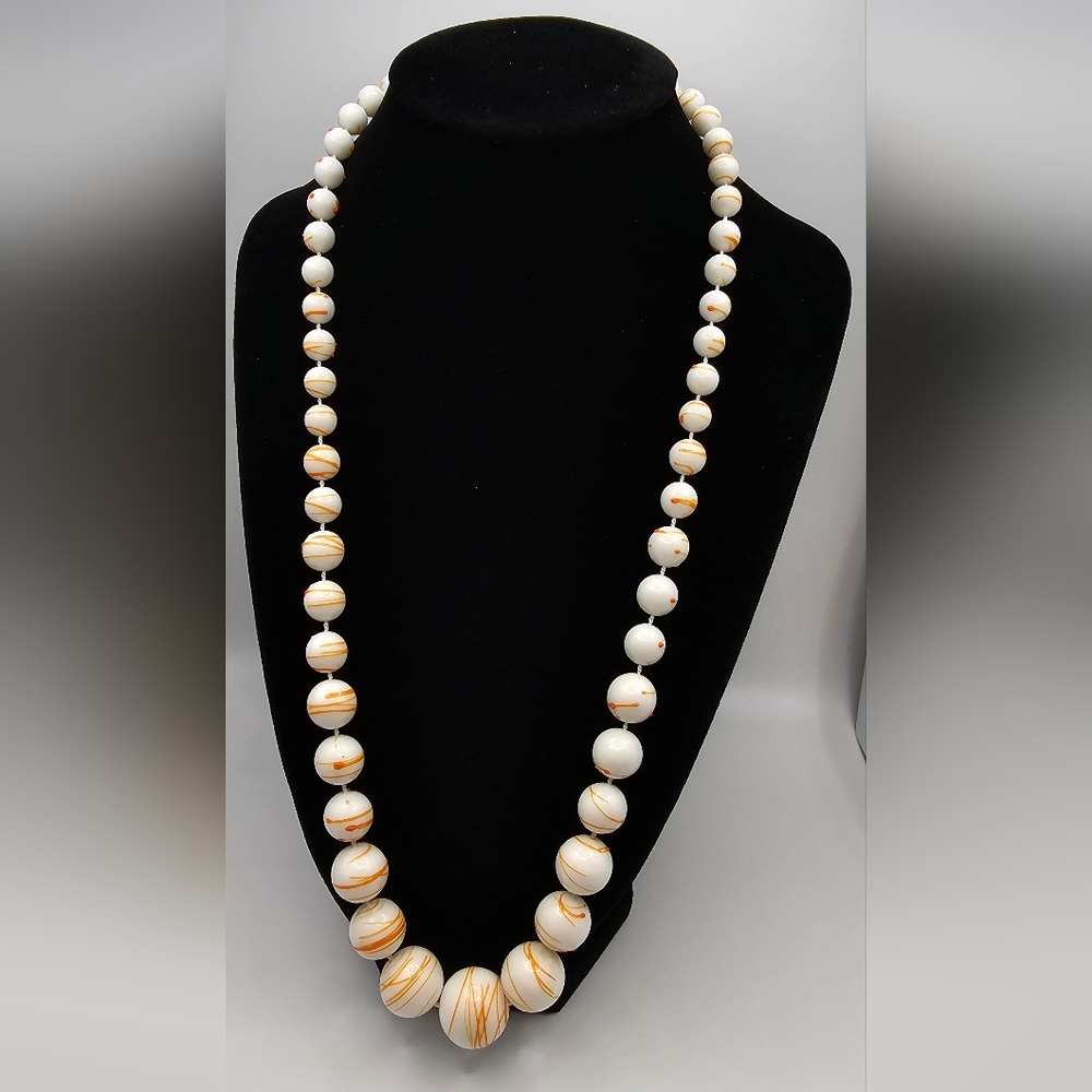 Marble Beaded Necklace | Beautiful Marbled Beaded White and Orange Necklace 11"